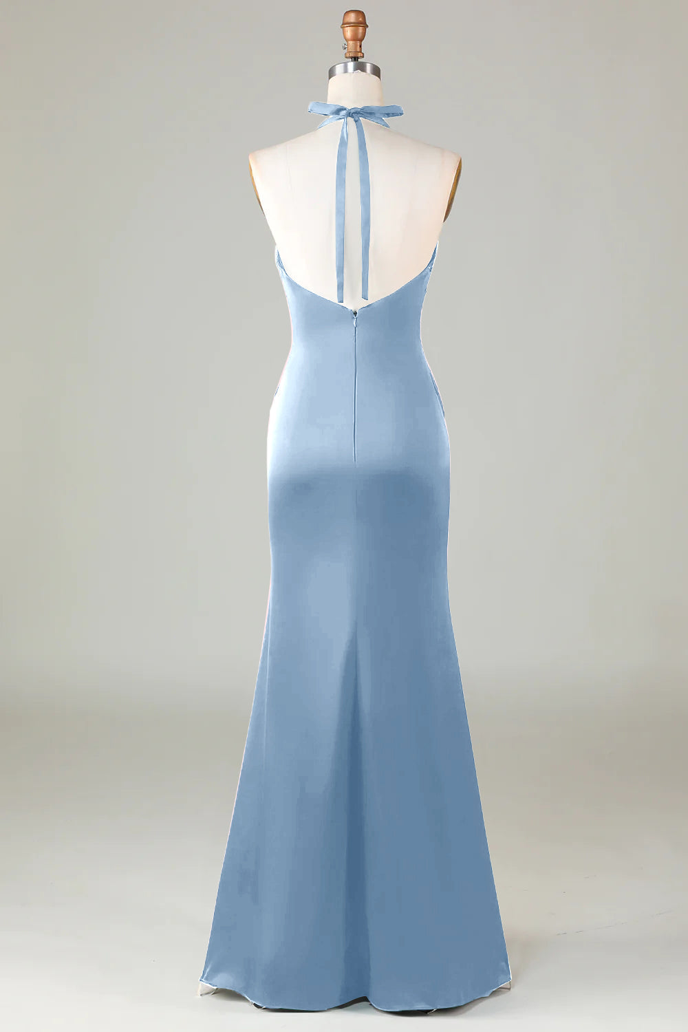 mermaid halter dusty blue long satin bridesmaid dress Mermaid Halter Dusty Blue Long Satin Bridesmaid Dress
