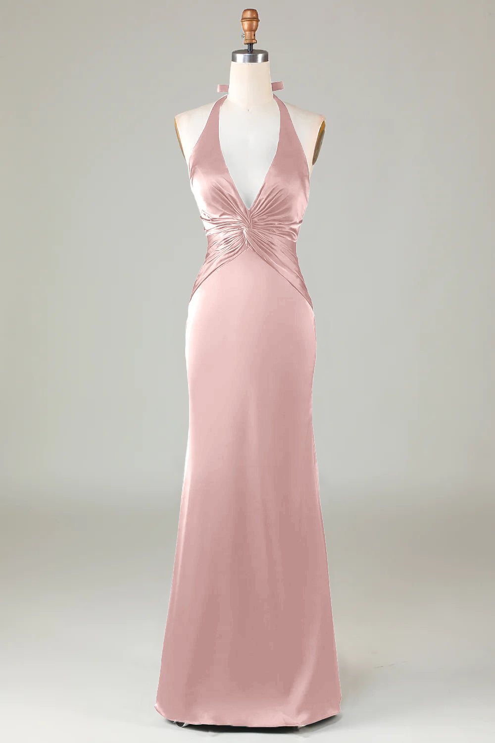 Blushing Pink Sheath Halter Satin Long Bridesmaid Dress