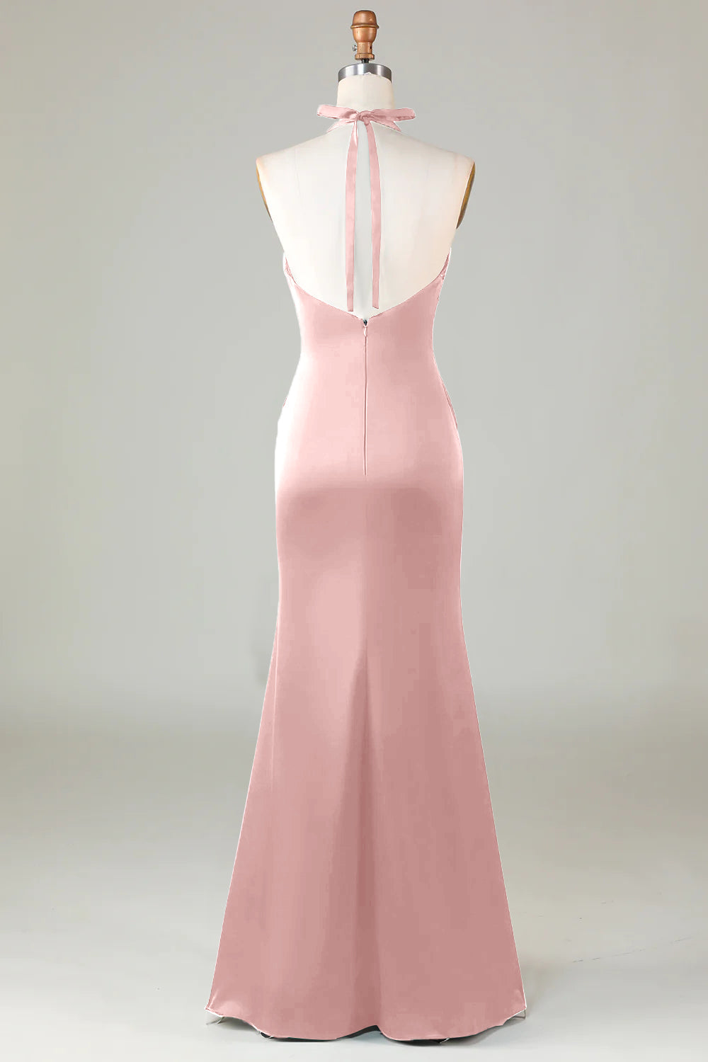 Blushing Pink Sheath Halter Satin Long Bridesmaid Dress