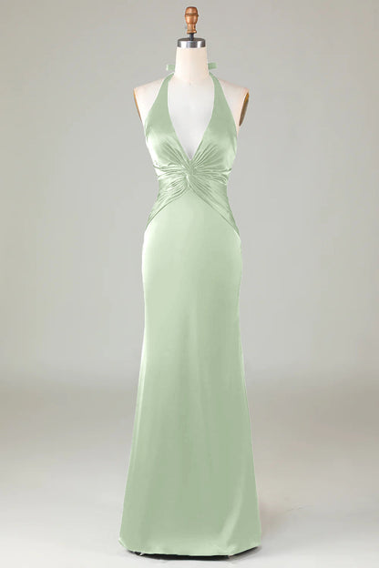 Blushing Pink Sheath Halter Satin Long Bridesmaid Dress