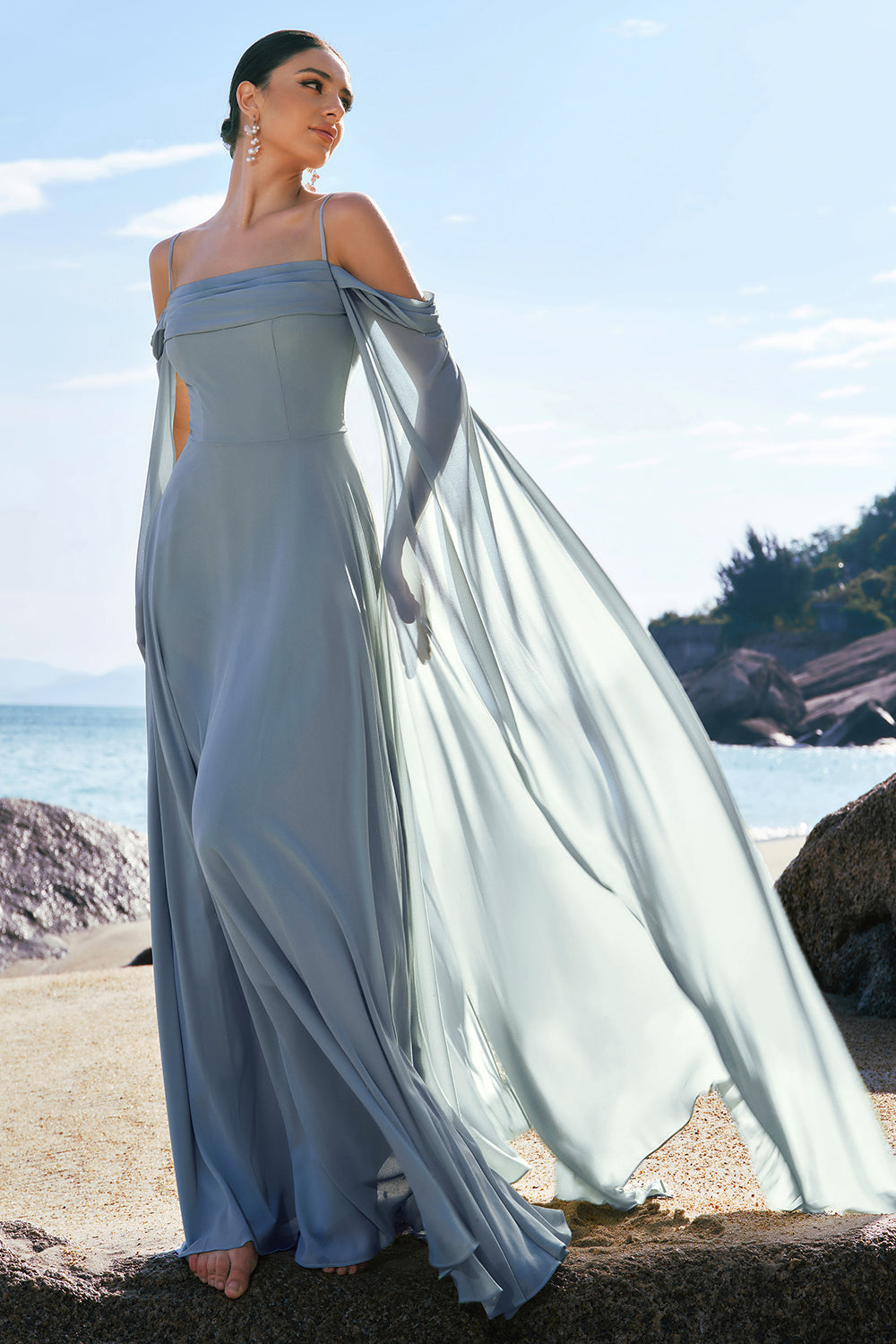 Light Green Cold Shoulder A-Line Long Bridesmaid Dress with Detachable Sleeves