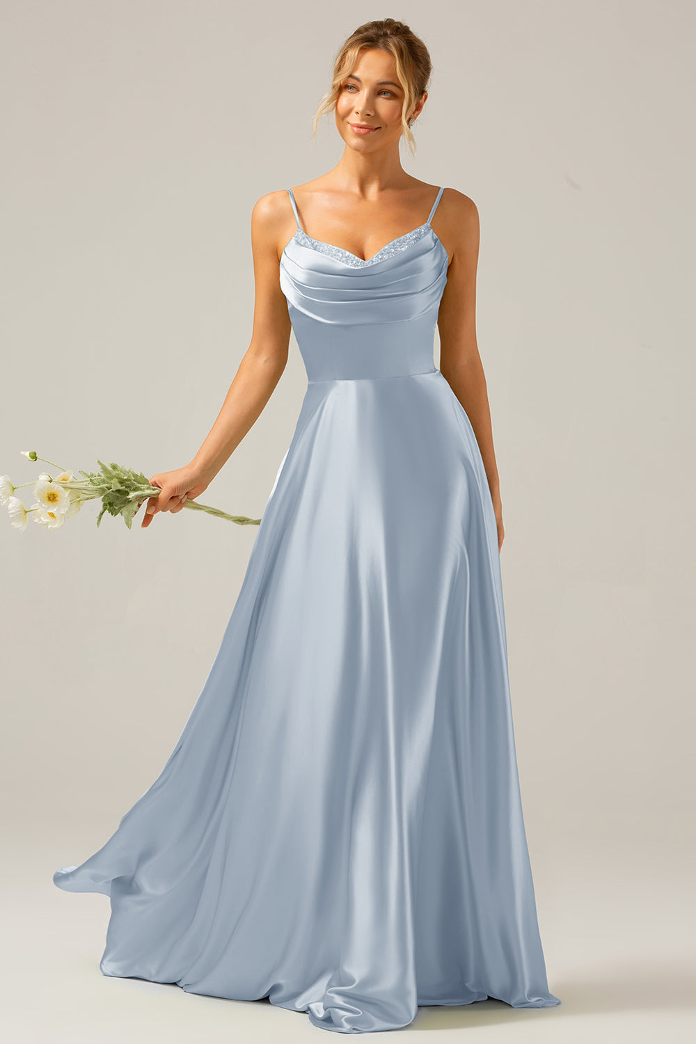 Dusty Sage A Line Cowl Neck Satin Long Prom Dress with Pleated