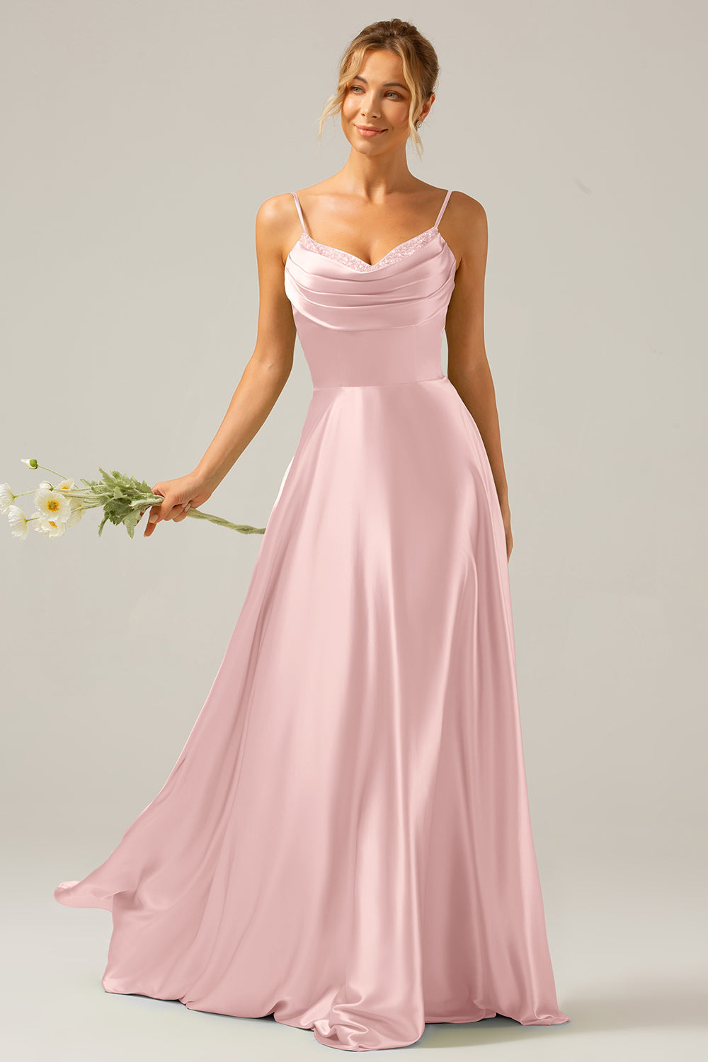 Dusty Sage A Line Cowl Neck Satin Long Prom Dress with Pleated