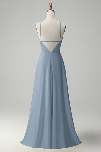 Yellow A Line Halter Cut Out Long Bridesmaid Dress with Flower