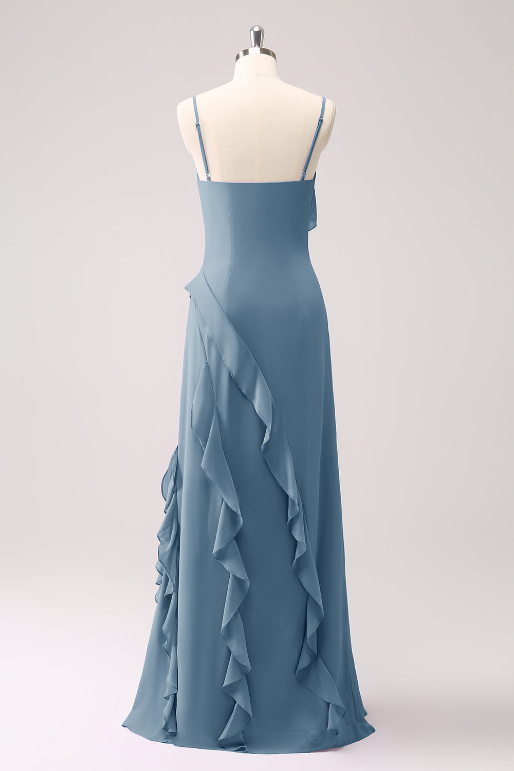 Tahiti Ruffled Spaghetti Straps Chiffon Long Bridesmaid Dress with Slit