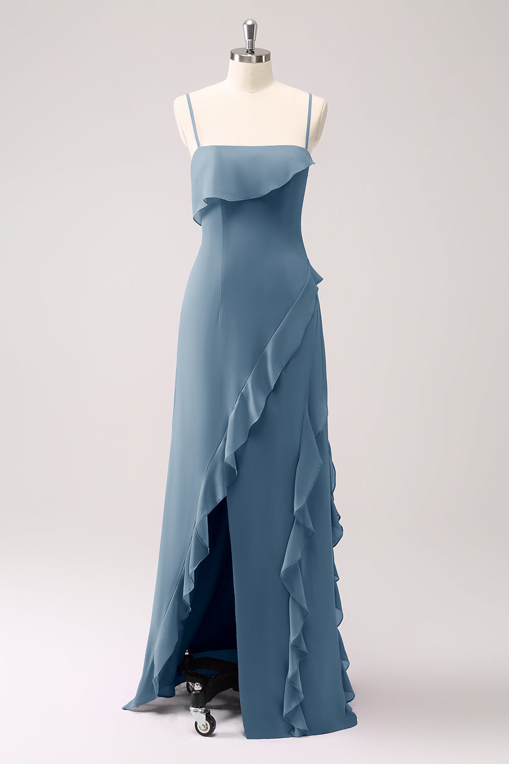 Tahiti Ruffled Spaghetti Straps Chiffon Long Bridesmaid Dress with Slit