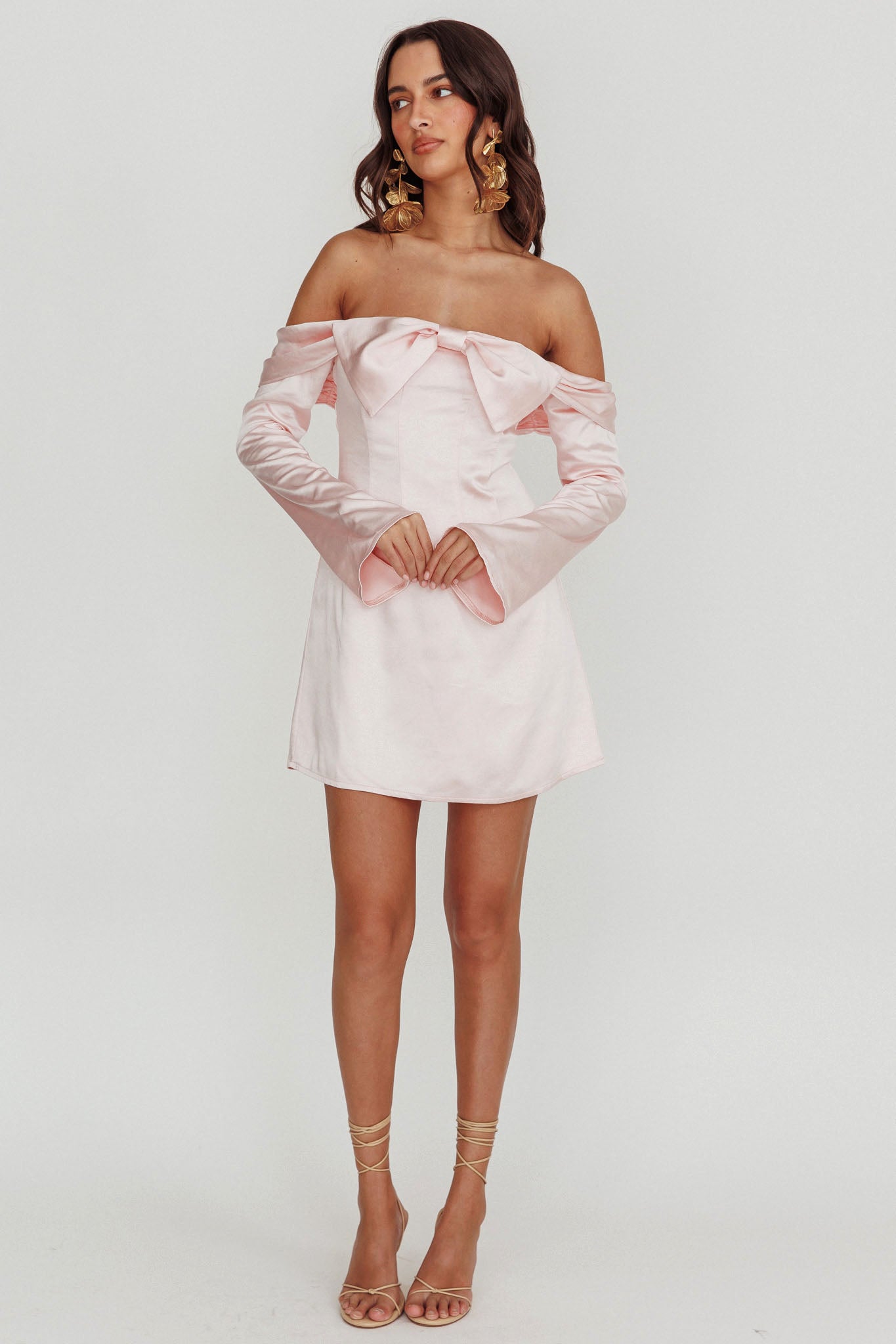 Lilith Off Shoulder Bow Mini Dress Blush