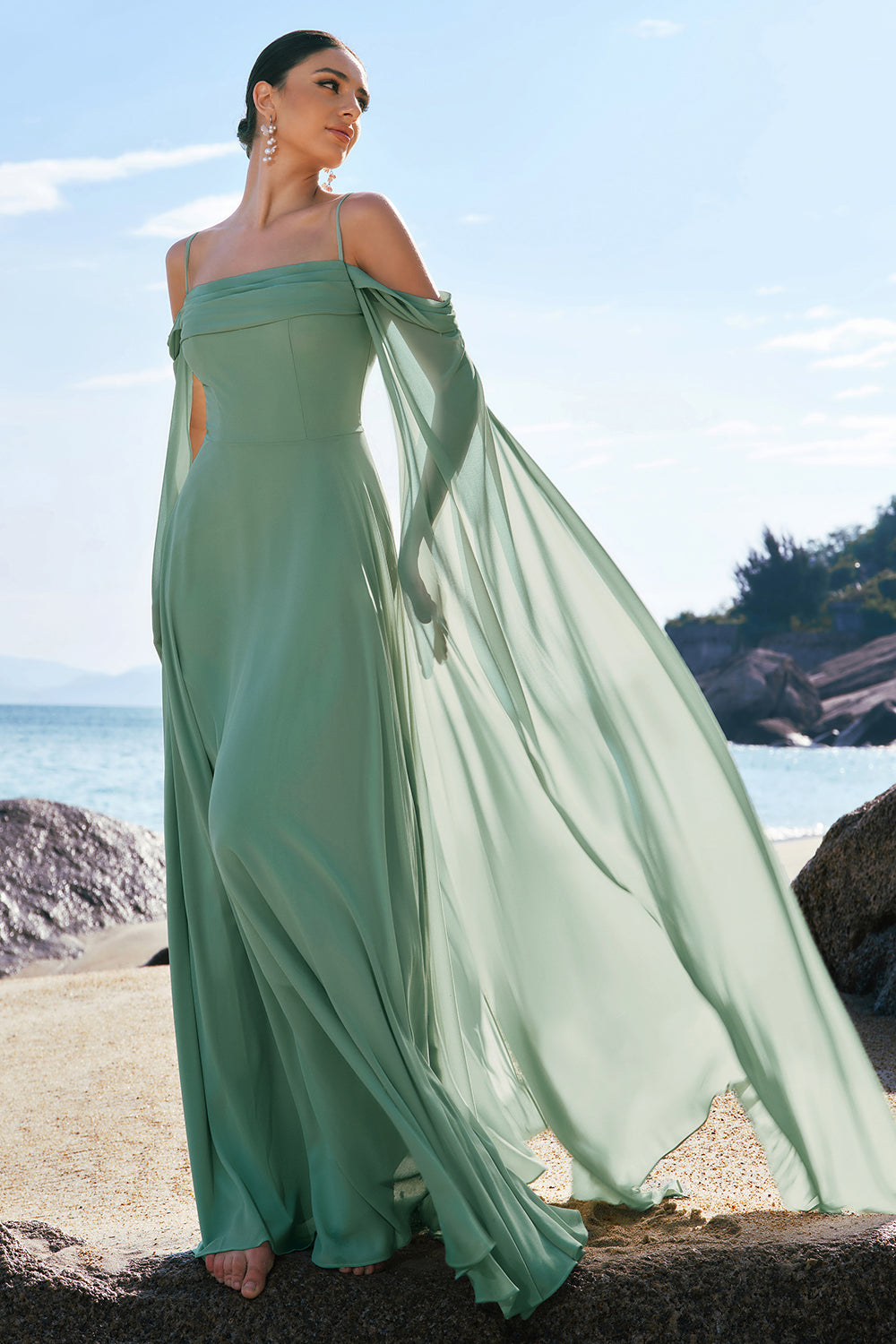 Light Green Cold Shoulder A-Line Long Bridesmaid Dress with Detachable Sleeves