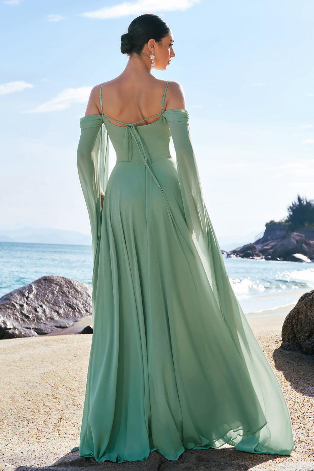 Light Green Cold Shoulder A-Line Long Bridesmaid Dress with Detachable Sleeves