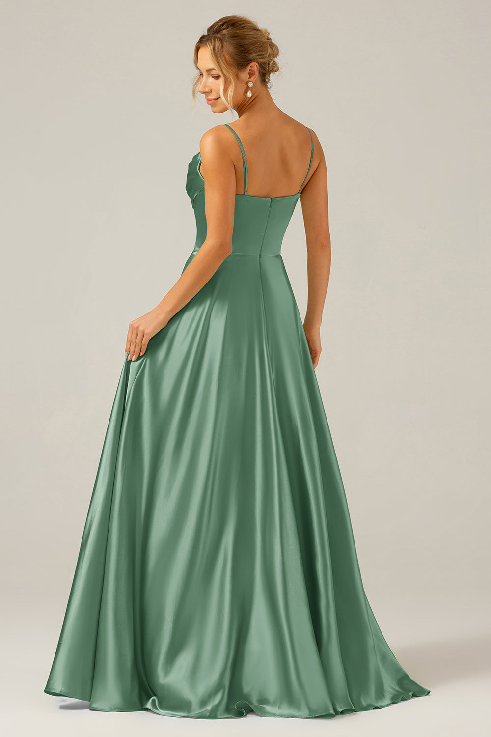 Dusty Sage A Line Cowl Neck Satin Long Prom Dress with Pleated