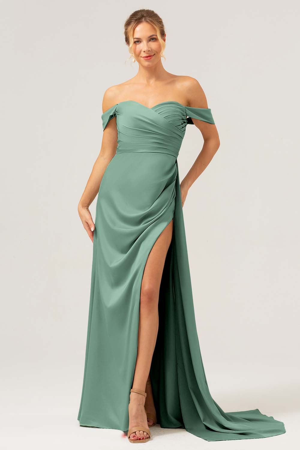 Dusty Sage Off The Shoulder Long Bridesmaid Dress with Slit