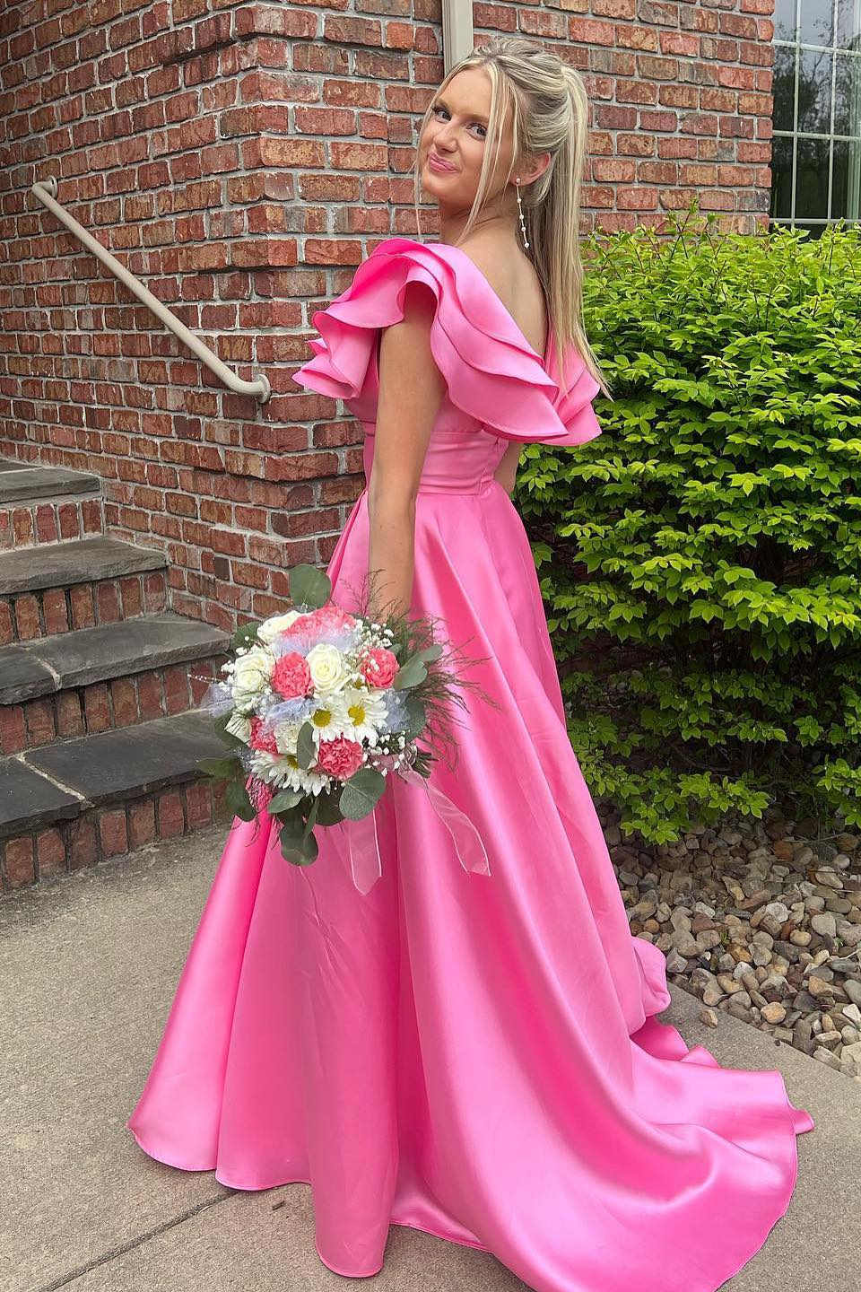 Betsy | Hot Pink V-Neck Ruffle A-Line Long Prom Dress