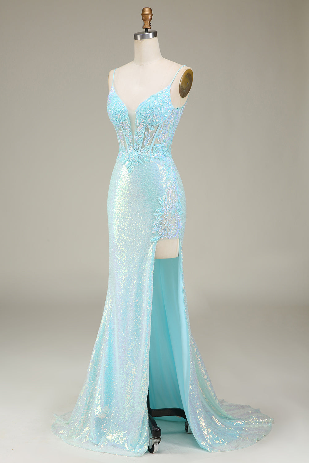 Light Blue Sparkly Mermaid Sequin Prom Dress with Slit