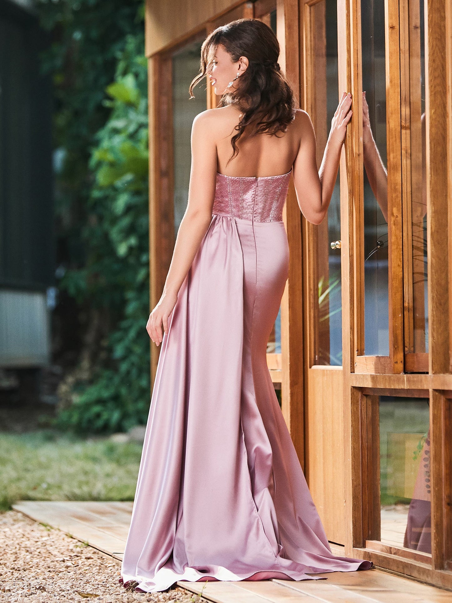 Illusion Strapless Sweetheart Pleated Slim Maxi Gown with Rhinestones Dusty Rose