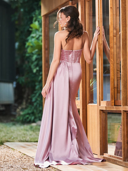 Illusion Strapless Sweetheart Pleated Slim Maxi Gown with Rhinestones Dusty Rose