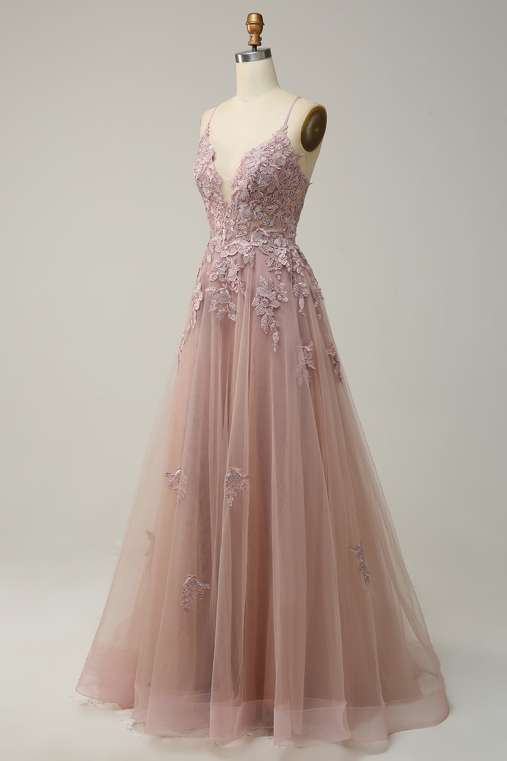 A Line Spaghetti Straps Blush Long Prom Dress with Appliques