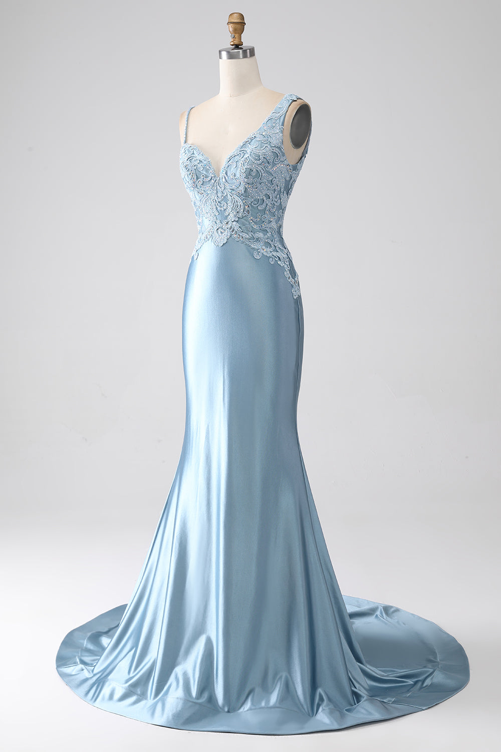 Grey Blue Mermaid Spaghetti Straps Long Beaded Prom Dress With Appliques