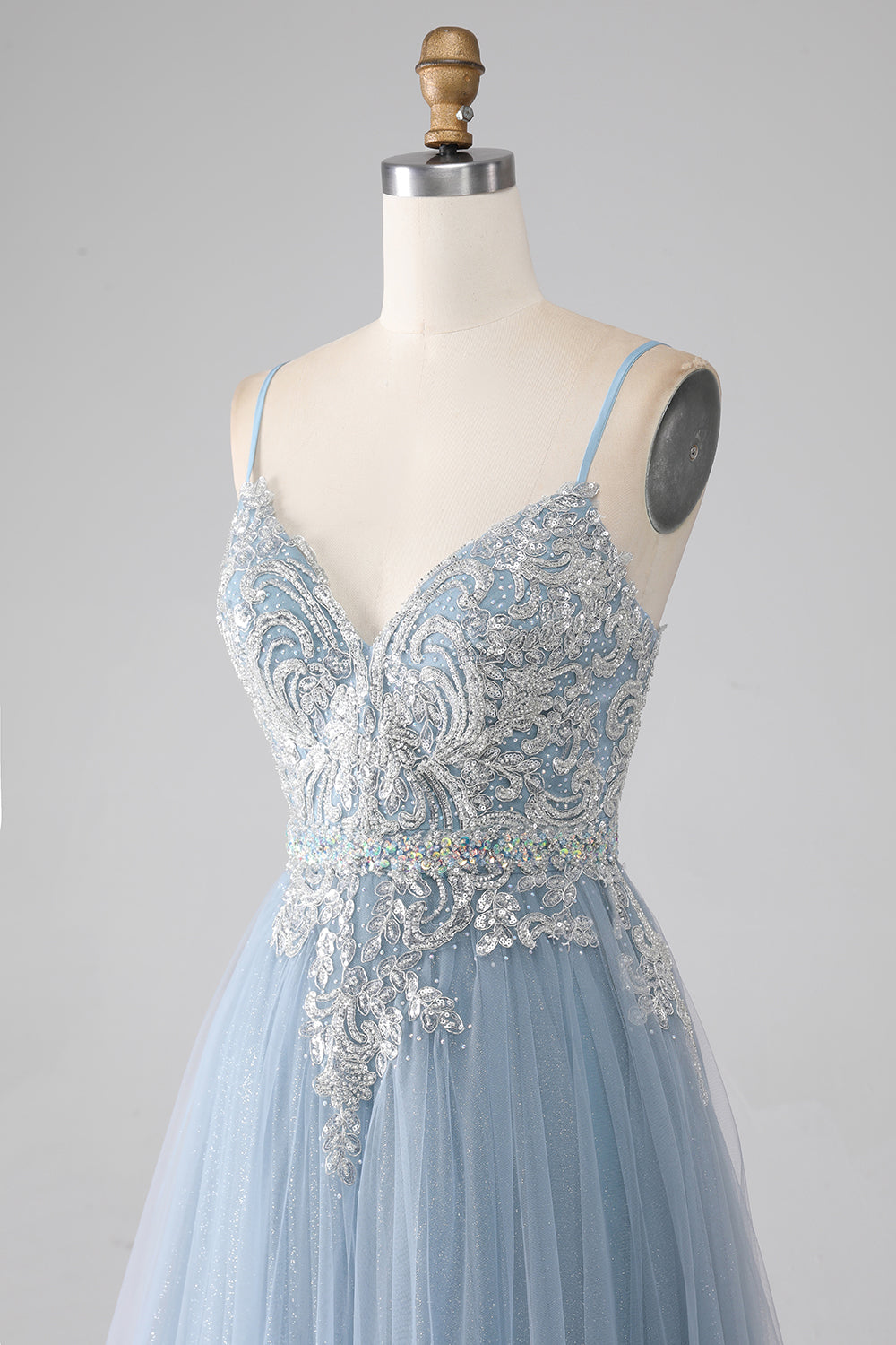 Grey Blue Mermaid Spaghetti Straps Sparkly Sequin Long Prom Dress