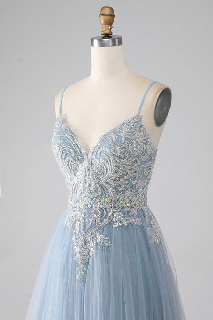 Grey Blue Mermaid Spaghetti Straps Sparkly Sequin Long Prom Dress