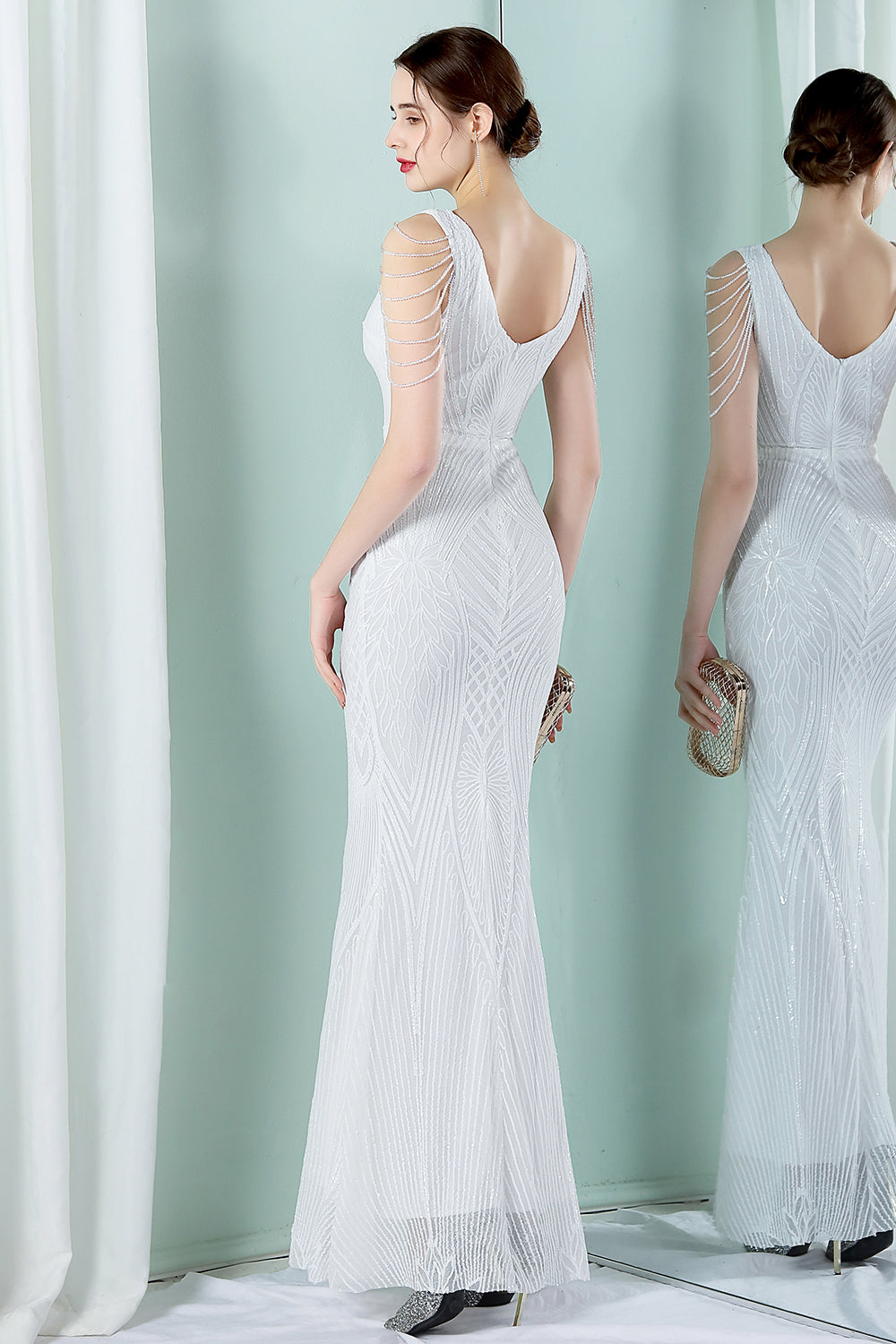 White Deep V Neck Mermaid Evening Dress