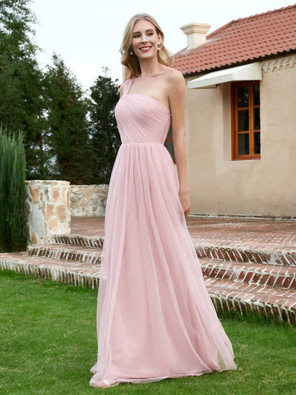 One Shoulder Tulle Long Bridesmaid Gown Dusty Rose