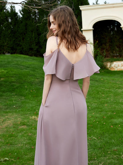 Floor-length V-neck Ruffles Chiffon A-line Dress Dusk