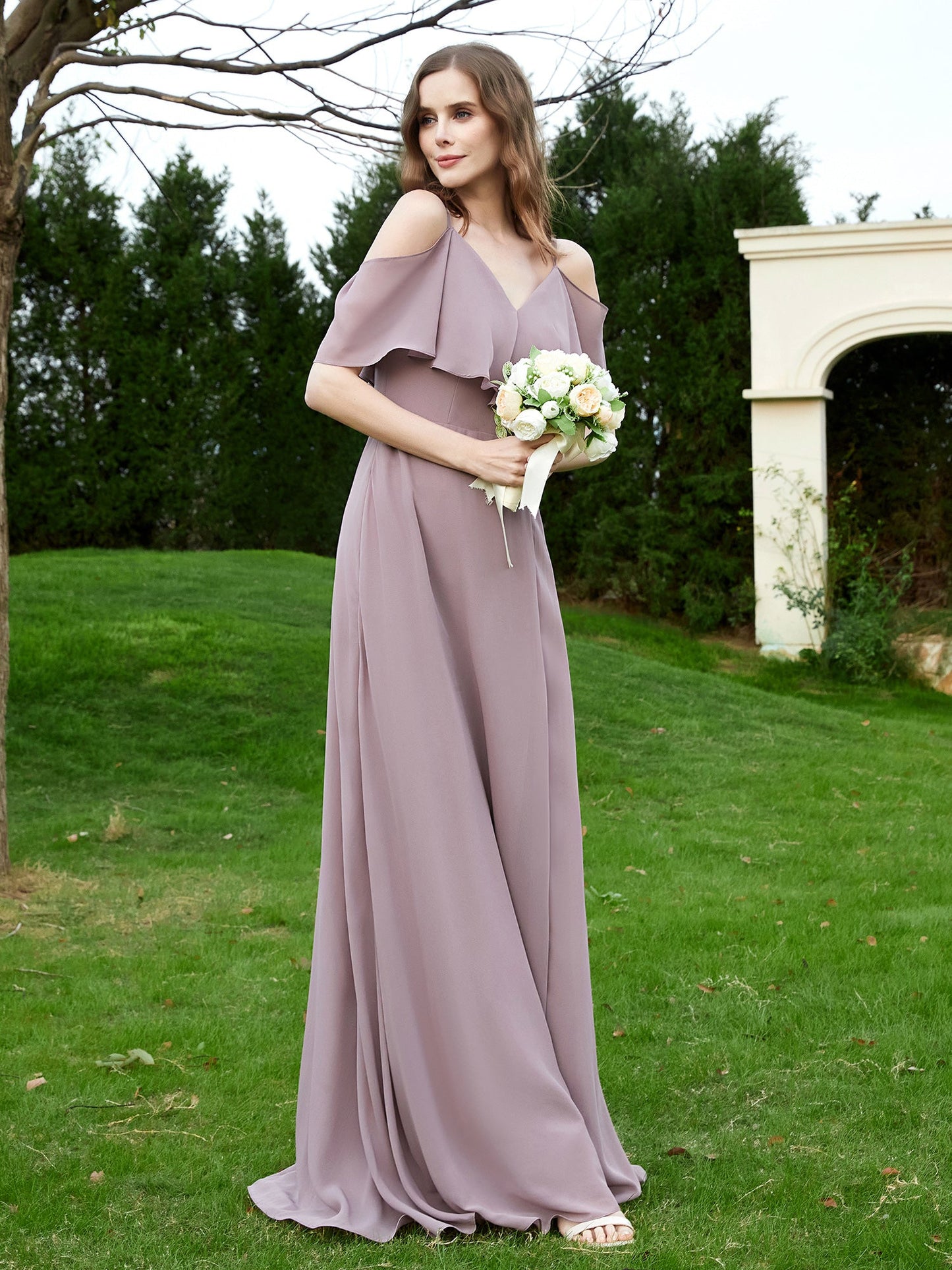 Floor-length V-neck Ruffles Chiffon A-line Dress Dusk