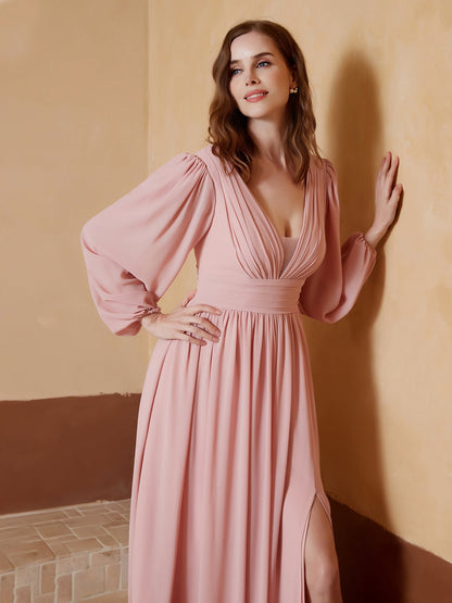 Plunging V-neck Floor-length Dress With Slit Dusty Rose