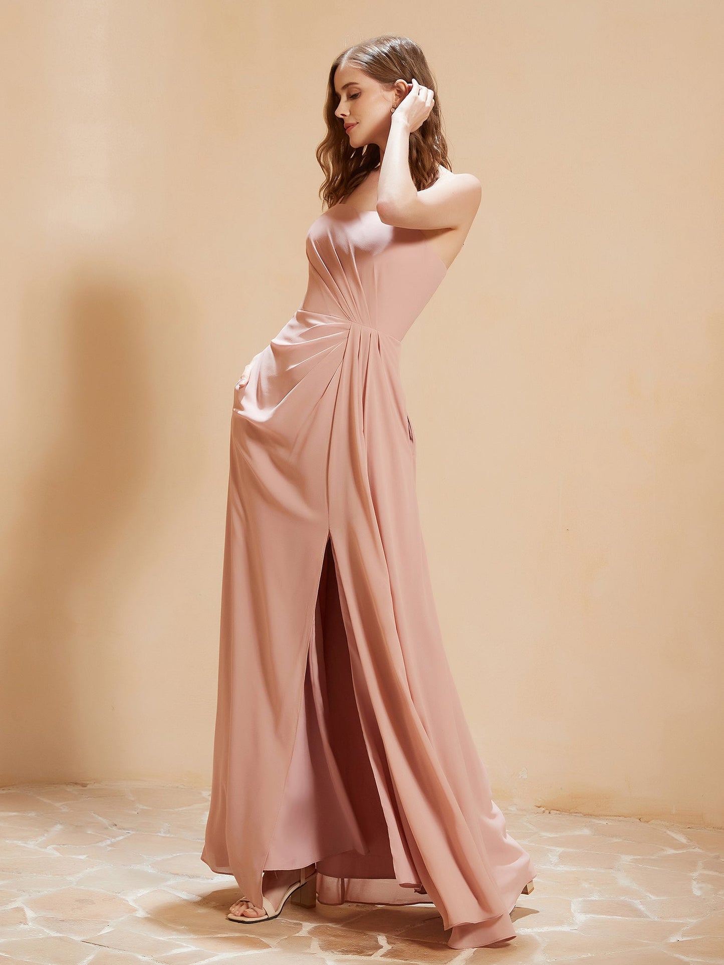 Square Neckline A-line Chiffon Dress With Pocket Dusty Rose