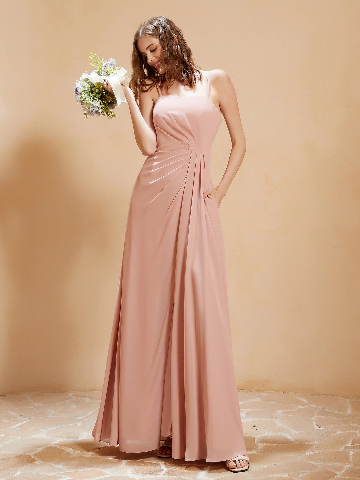 Square Neckline A-line Chiffon Dress With Pocket Dusty Rose