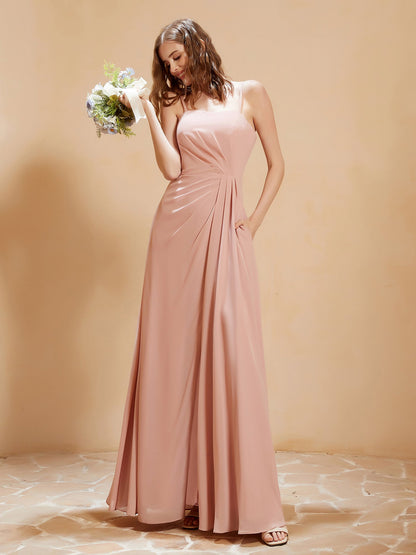 Square Neckline A-line Chiffon Dress With Pocket Dusty Rose