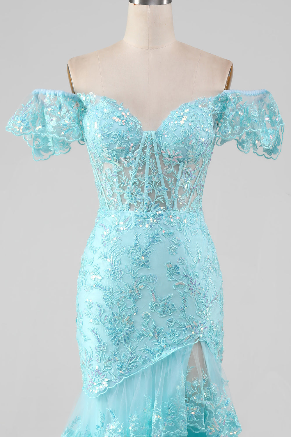 Sky Blue Off the Shoulder Lace and Sequin Mermaid Prom Dress with Slit