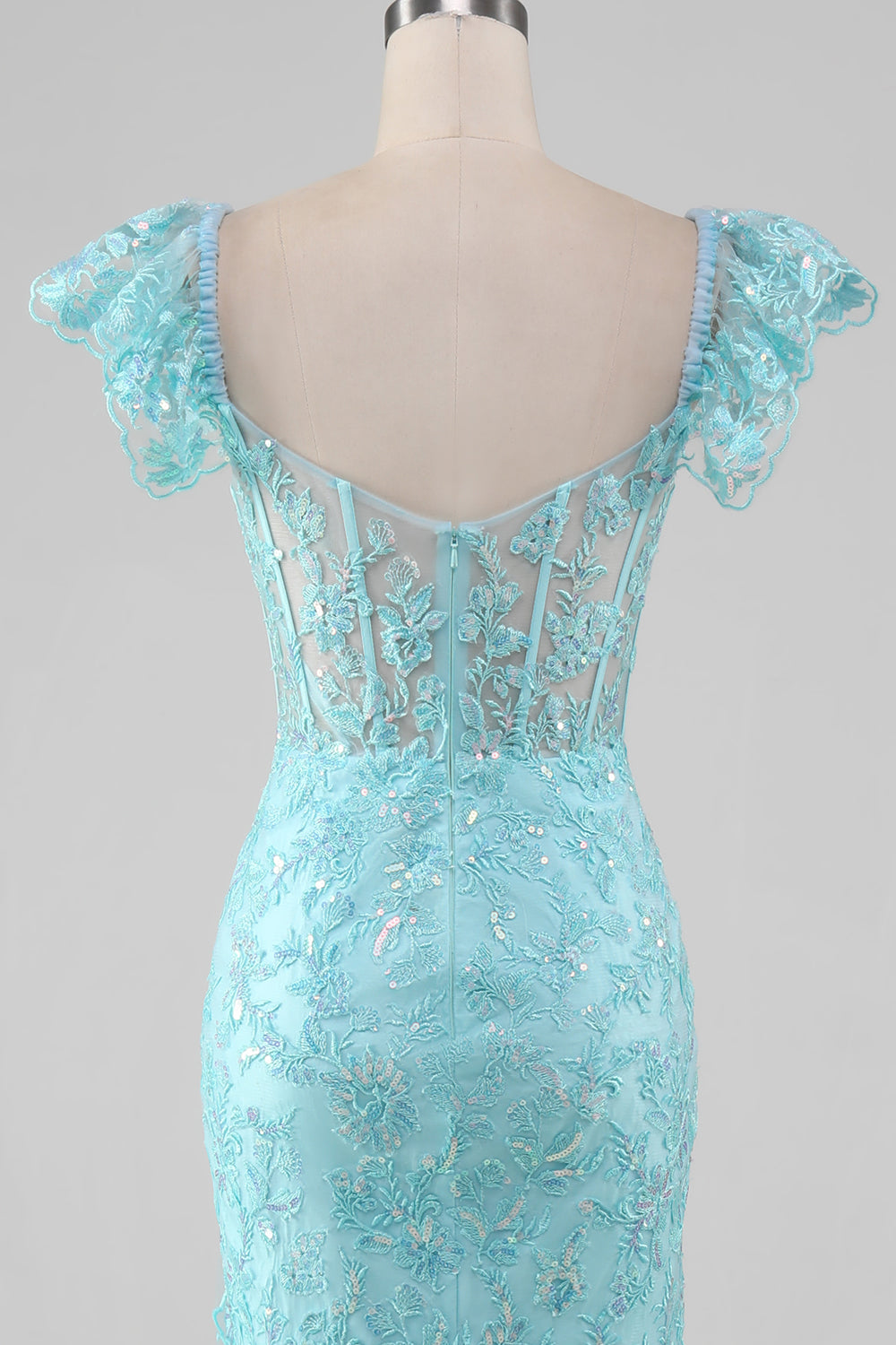 Sky Blue Off the Shoulder Lace and Sequin Mermaid Prom Dress with Slit