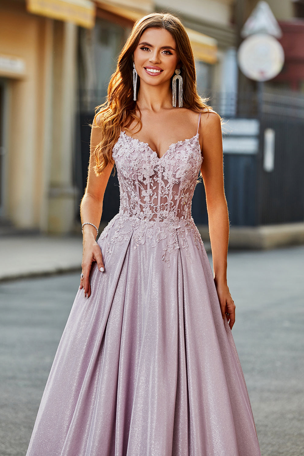 Sparkly A-Line Spaghetti Straps Blush Prom Dress with Beading