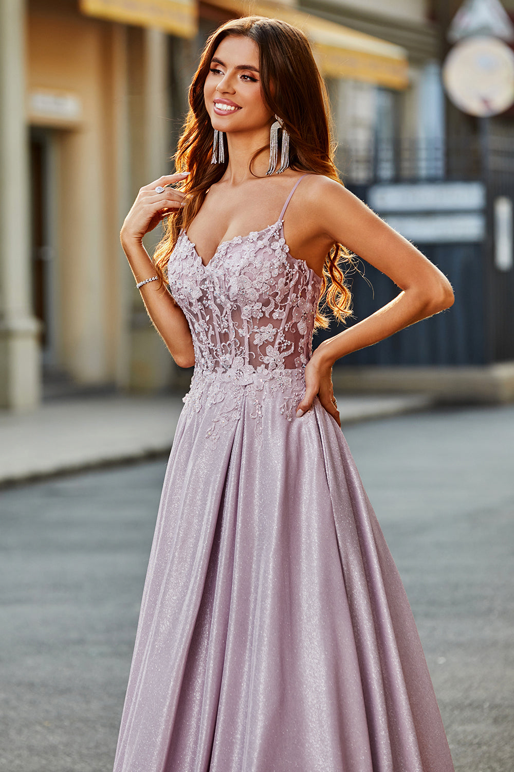 Sparkly A-Line Spaghetti Straps Blush Prom Dress with Beading