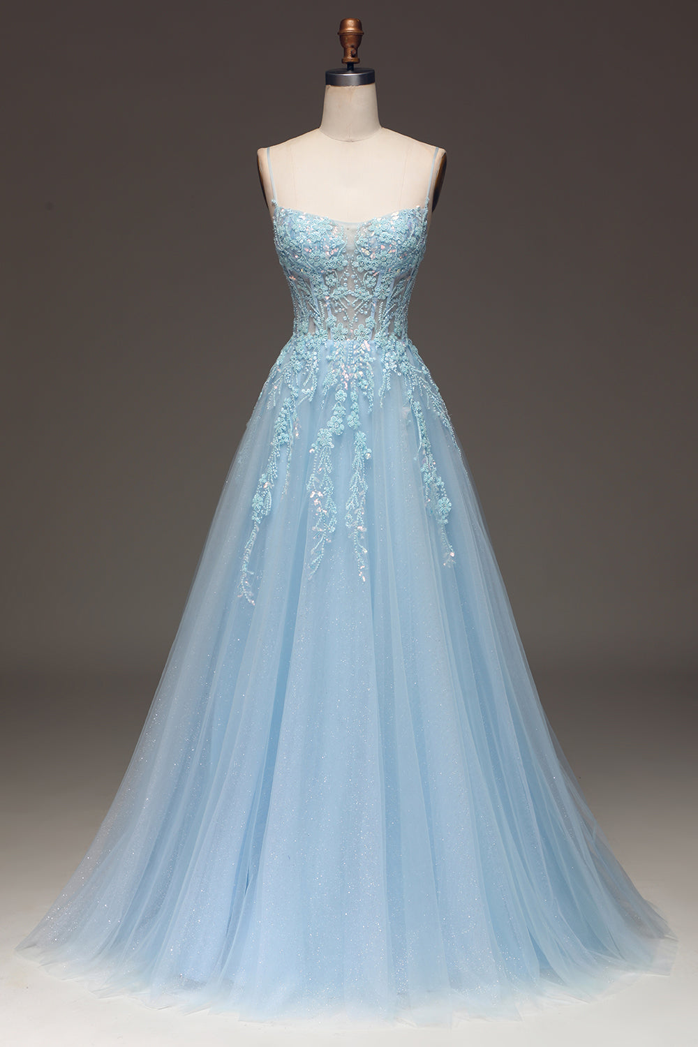 A Line Light Blue Sequin Spaghetti Straps Prom Dress With Appliques