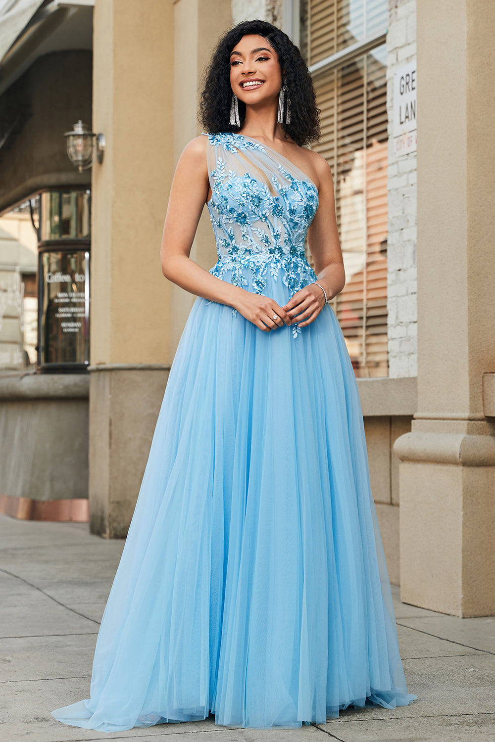 Gorgeous A Line One Shoulder Light Blue Corset Prom Dress with Appliques