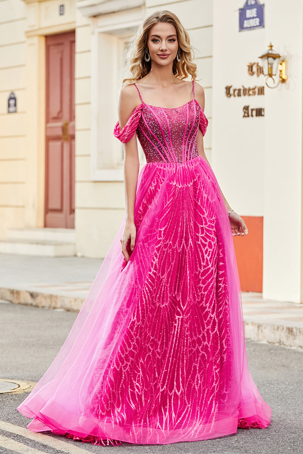 A-Line Cold Shoudler Sparkly Hot Pink Corset Prom Dress with Beading