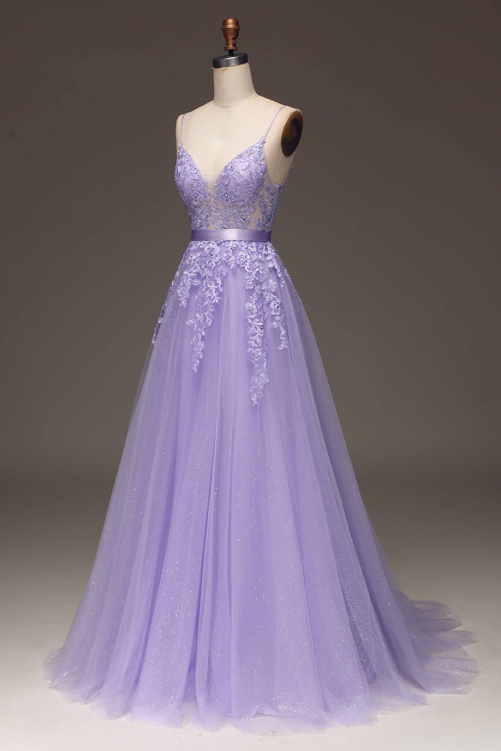 Purple A-Line Spaghetti Straps Long Beaded and Tulle Prom Dress with Appliques