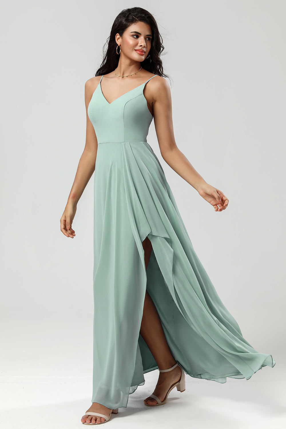 Green Spaghetti Straps Long Bridesmaid Dress with Ruffles