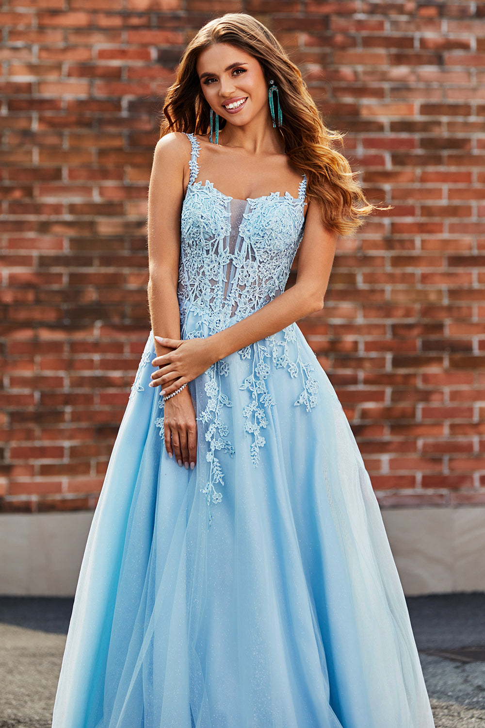 Gorgeous A Line Spaghetti Straps Light Blue Corset Prom Dress with Appliques