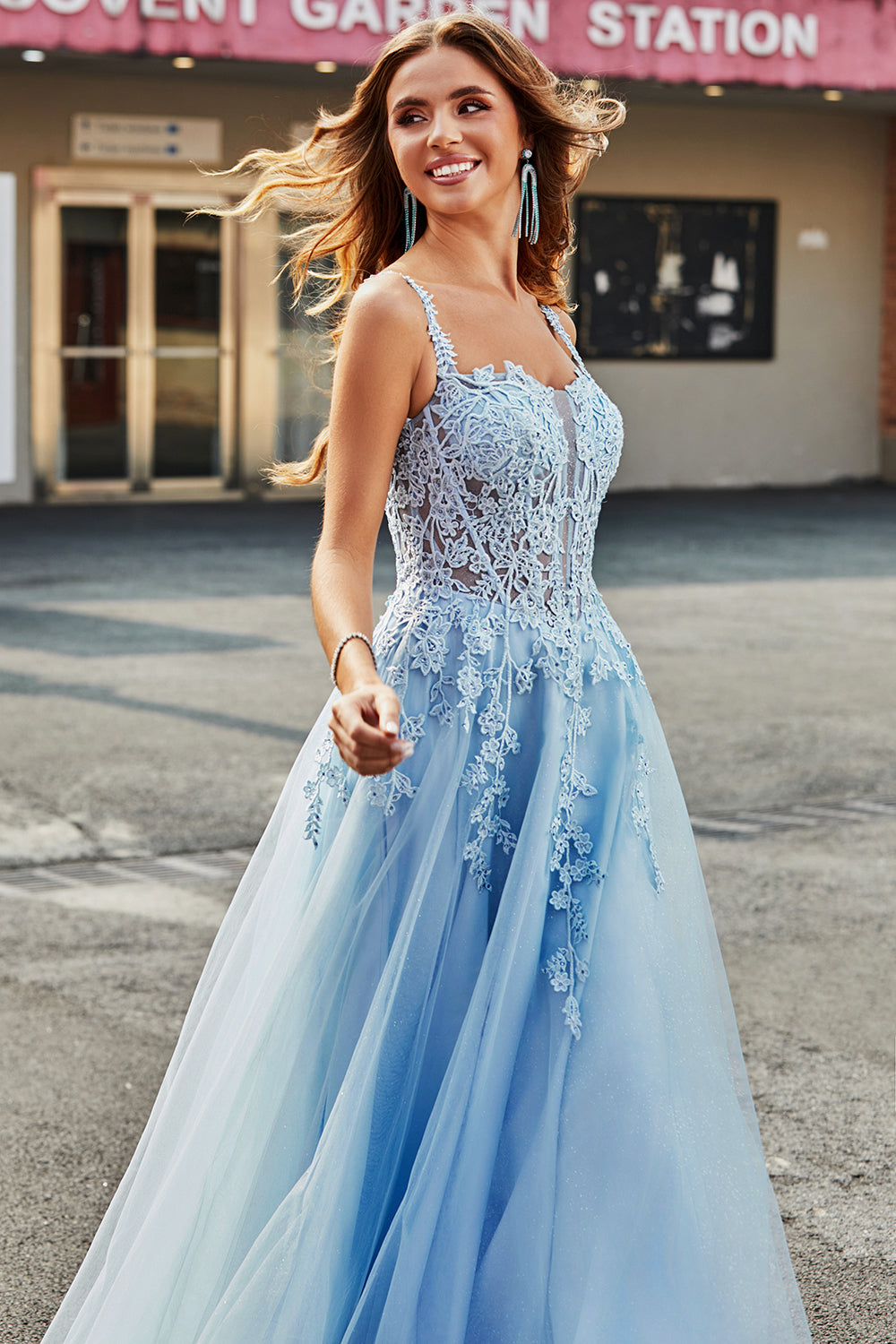 Gorgeous A Line Spaghetti Straps Light Blue Corset Prom Dress with Appliques