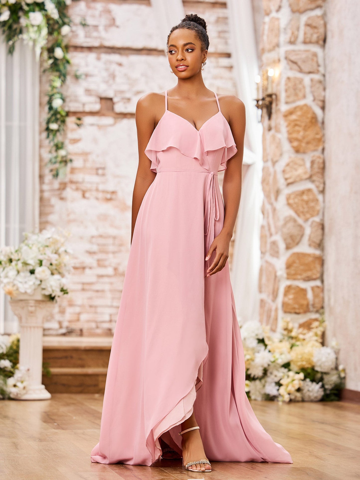 Spaghetti Strap Short Front Long Back Chiffon Dresses Dusty Rose