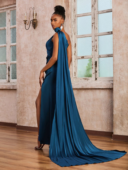One Shoulder Floor-length Dress With Ribbons Ink Blue