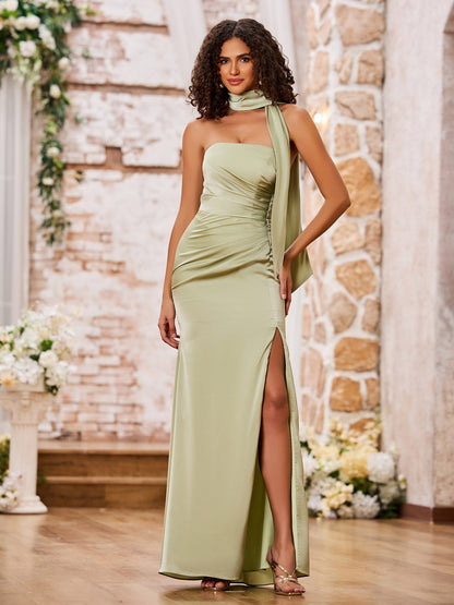 Strapless Sheath High Slit Sexy Maxi Dresses with Shawl Dusty Sage