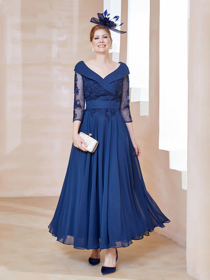 A-line V-neck Appliqued Chiffon Dress Navy Blue