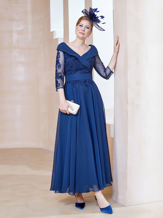 A-line V-neck Appliqued Chiffon Dress Navy Blue
