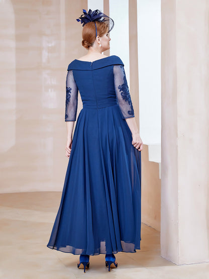 A-line V-neck Appliqued Chiffon Dress Navy Blue