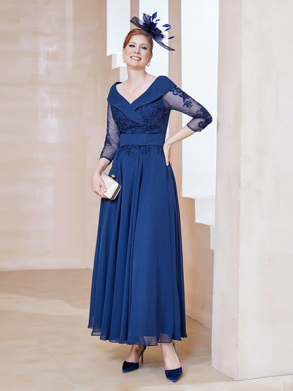 A-line V-neck Appliqued Chiffon Dress Navy Blue