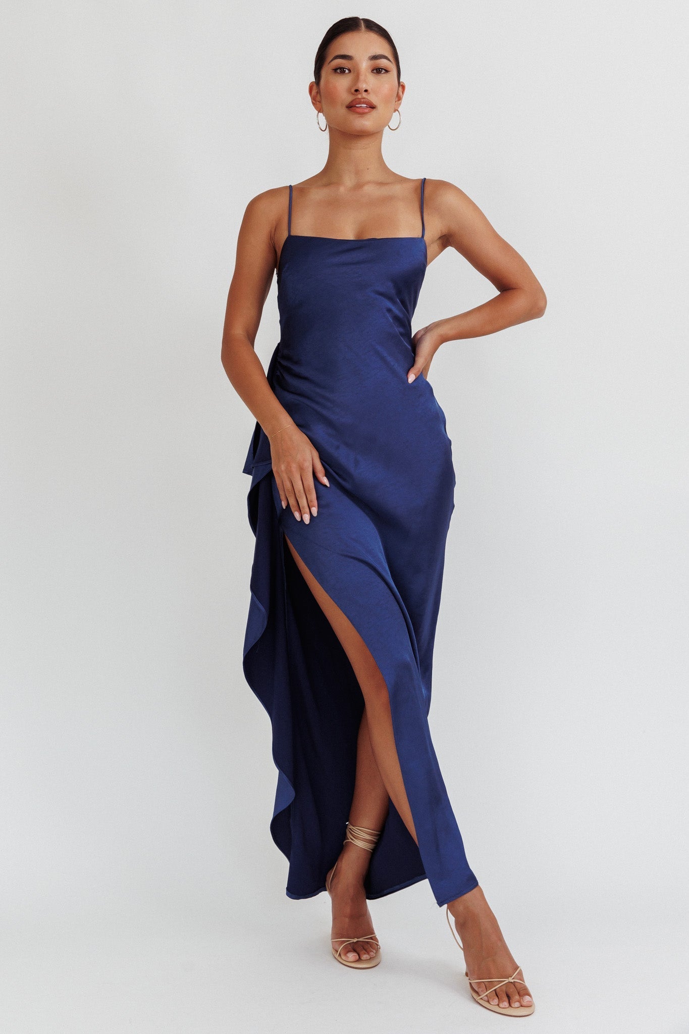 Night Swim Satin Leg Slit Maxi Dress Navy